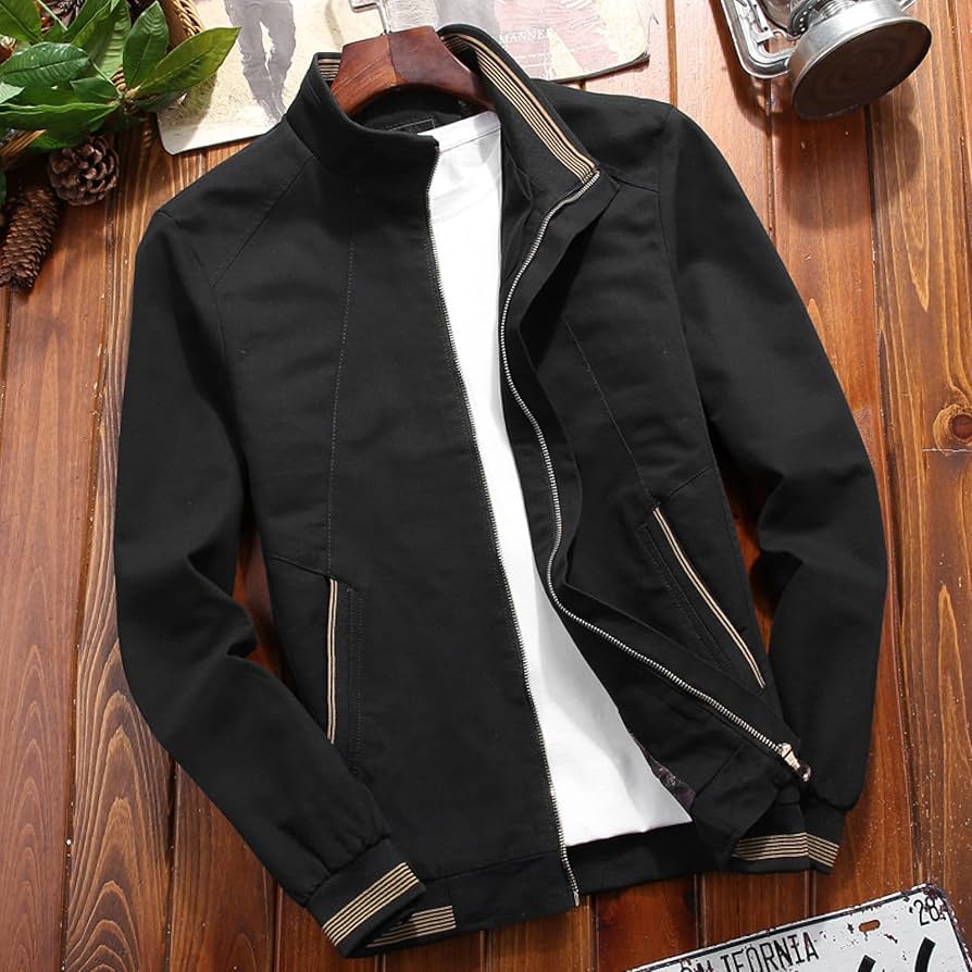 ジャケット・アウター Collarless middle length jacket Striped Collarless Zip Front Jacket - Olsen Fashion